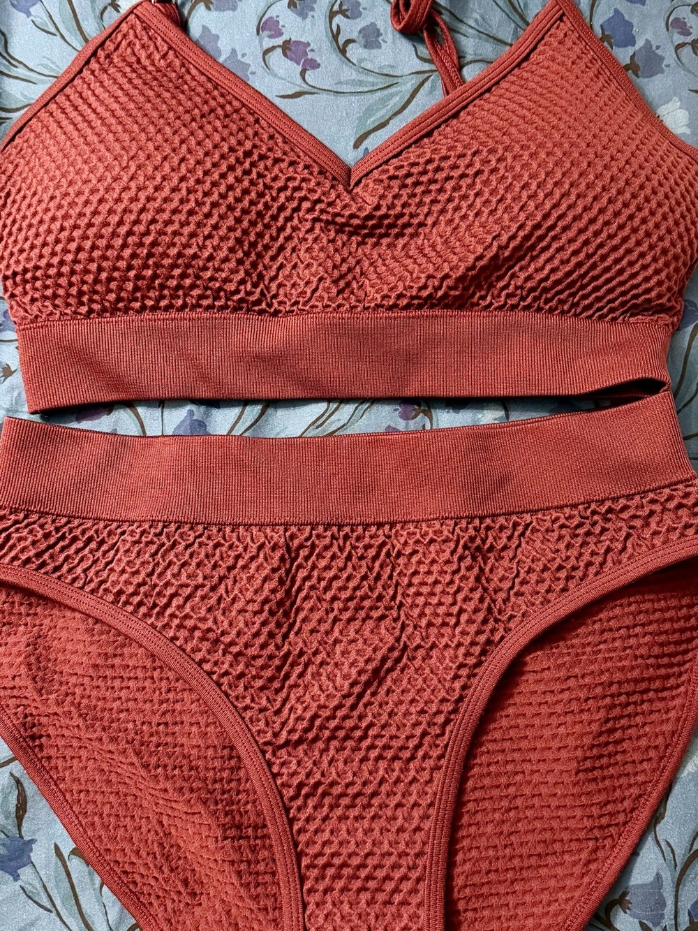 Cupshe Textured Ribbed Two-Piece Bikini in maroon.